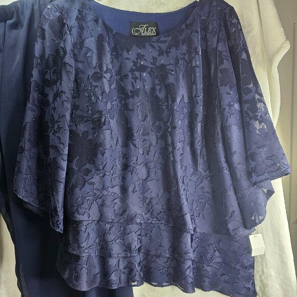 Alex Evenings Blouse Pants Set Women Dark Navy Tiered Hem Round Neck Floral - Picture 3 of 16
